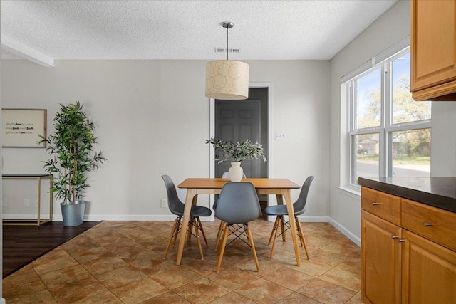 dining room featuring plenty of natural light, a textured ceiling, and visible vents
