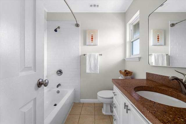 full bath featuring visible vents, tile patterned flooring, toilet, baseboards, and bathtub / shower combination