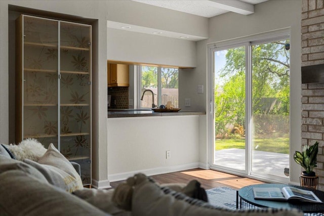 living room with baseboards and wood finished floors
