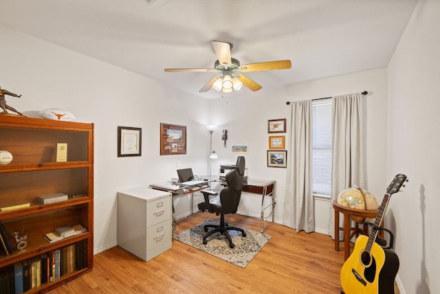 3919 Haleys Way, Round Rock, TX 78665 - office area with ceiling fan, baseboards, and light wood finished floors