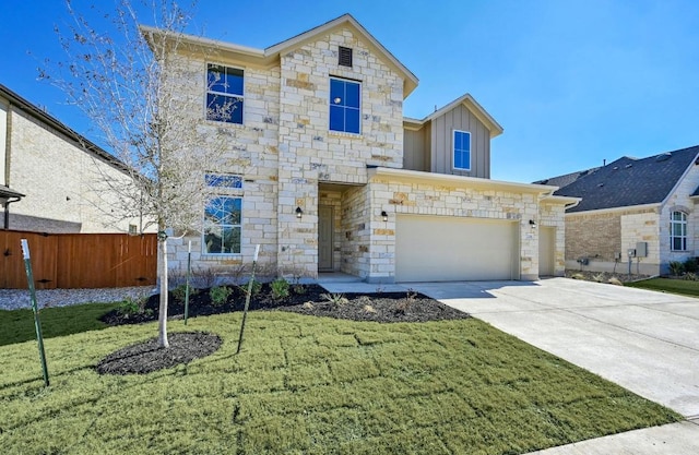 2316 Gold Dust Trl, Leander, TX 78641 - view of front of property with stone siding, board and batten siding, an attached garage, and concrete driveway
