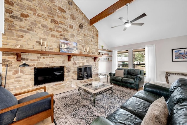 207 Lasso St, Horseshoe Bay, TX 78657 - living area featuring a fireplace, a ceiling fan, beam ceiling, high vaulted ceiling, and wood finished floors