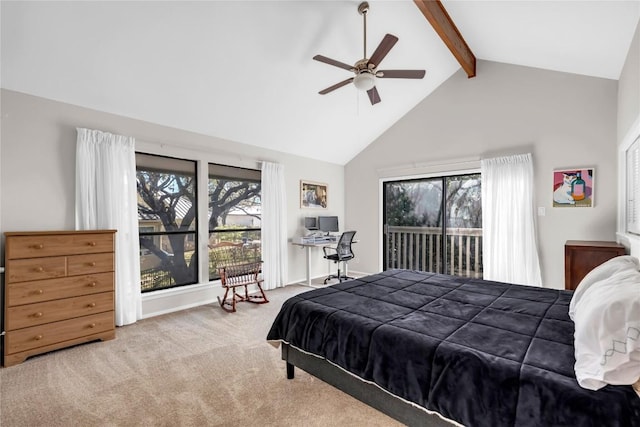 207 Lasso St, Horseshoe Bay, TX 78657 - carpeted bedroom with access to exterior, beam ceiling, high vaulted ceiling, and ceiling fan