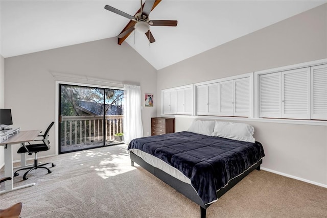 207 Lasso St, Horseshoe Bay, TX 78657 - carpeted bedroom featuring access to exterior, an office area, and a ceiling fan