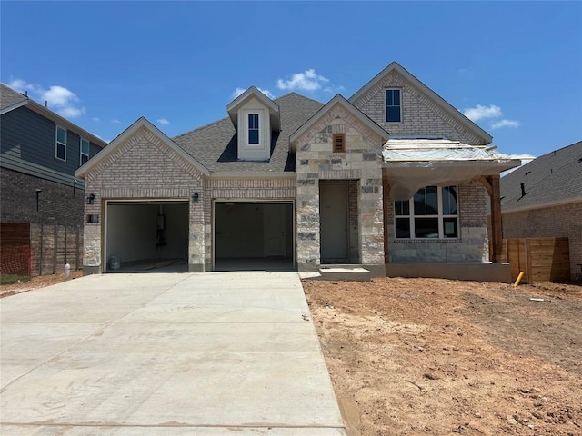 8213 Grenadier Dr, Austin, TX 78738 - view of front of property featuring concrete driveway, stone siding, a garage, brick siding, and a porch