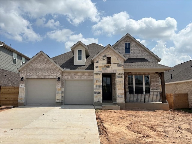 8213 Grenadier Dr, Austin, TX 78738 - view of front facade featuring an attached garage, roof with shingles, concrete driveway, brick siding, and stone siding