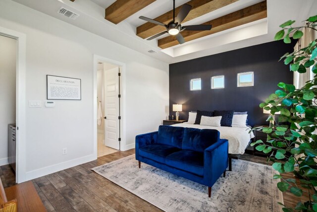 308 Somerset Hills Dr, Georgetown, TX 78633 - bedroom with wood finished floors, beam ceiling, and ceiling fan