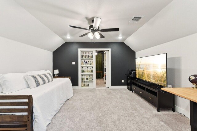 308 Somerset Hills Dr, Georgetown, TX 78633 - bedroom with vaulted ceiling, light carpet, and ceiling fan
