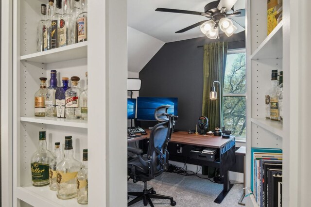 308 Somerset Hills Dr, Georgetown, TX 78633 - carpeted office featuring a ceiling fan, lofted ceiling, and a bar