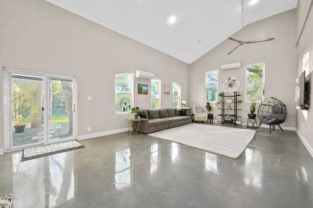 11100 Centennial Trl, Austin, TX 78726 - living area with high vaulted ceiling, finished concrete floors, plenty of natural light, ceiling fan, and recessed lighting