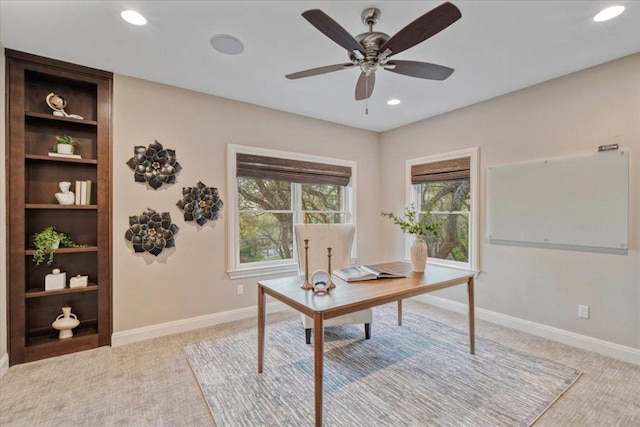 2610 Allston Ln, Austin, TX 78746 - office area featuring light colored carpet, recessed lighting, and a ceiling fan