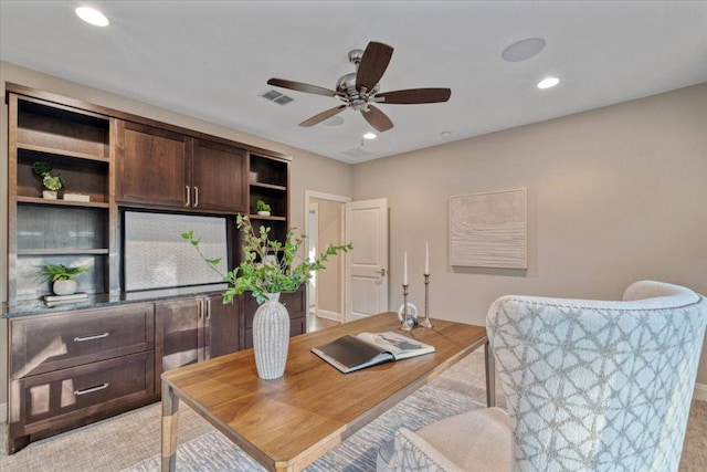 2610 Allston Ln, Austin, TX 78746 - home office featuring a ceiling fan and recessed lighting