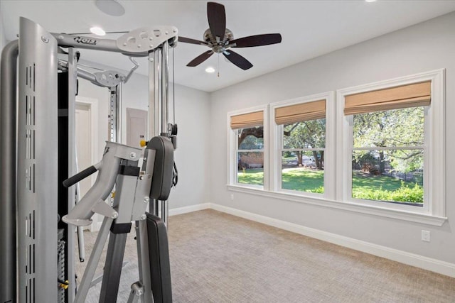 2610 Allston Ln, Austin, TX 78746 - workout area with ceiling fan, light carpet, and recessed lighting