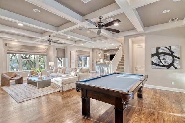 2610 Allston Ln, Austin, TX 78746 - rec room featuring ceiling fan, coffered ceiling, plenty of natural light, pool table, and beam ceiling
