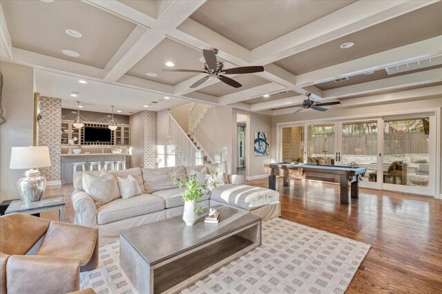 2610 Allston Ln, Austin, TX 78746 - living room with billiards, stairs, coffered ceiling, wood finished floors, and a ceiling fan