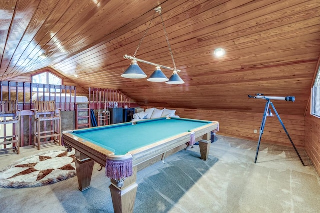 2308 Cypress Pt E, Austin, TX 78746 - game room with wooden ceiling, vaulted ceiling, carpet floors, wood walls, and pool table