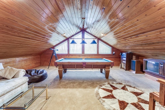 2308 Cypress Pt E, Austin, TX 78746 - game room with wooden walls, carpet floors, wooden ceiling, lofted ceiling, and billiards