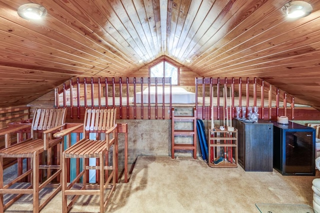 2308 Cypress Pt E, Austin, TX 78746 - miscellaneous room with lofted ceiling, carpet floors, wooden ceiling, and wood walls