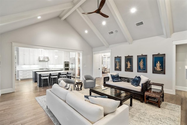 4229 Verano Dr, Austin, TX 78735 - living area featuring beam ceiling, a ceiling fan, high vaulted ceiling, light wood-style flooring, and recessed lighting
