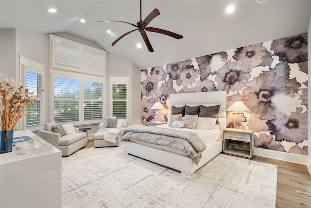 4229 Verano Dr, Austin, TX 78735 - bedroom with recessed lighting, wood finished floors, wallpapered walls, vaulted ceiling, and ceiling fan