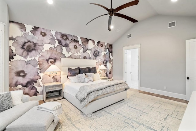 4229 Verano Dr, Austin, TX 78735 - bedroom featuring wood finished floors, recessed lighting, ceiling fan, and high vaulted ceiling
