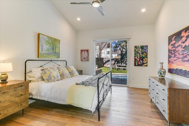 2010 Goodrich Ave Unit 8A, Austin, TX 78704 - bedroom with access to exterior, light wood-type flooring, lofted ceiling, recessed lighting, and ceiling fan