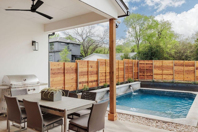 3607 Garden Villa Ln, Austin, TX 78704 - view of swimming pool featuring a fenced backyard, ceiling fan, and outdoor dining space