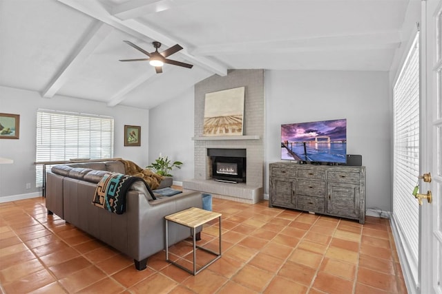 1908 Running Brook Dr, Austin, TX 78723 - living room featuring a ceiling fan, a fireplace, baseboards, and light tile patterned floors