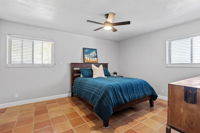 1908 Running Brook Dr, Austin, TX 78723 - bedroom featuring baseboards, a textured ceiling, a ceiling fan, and light tile patterned flooring