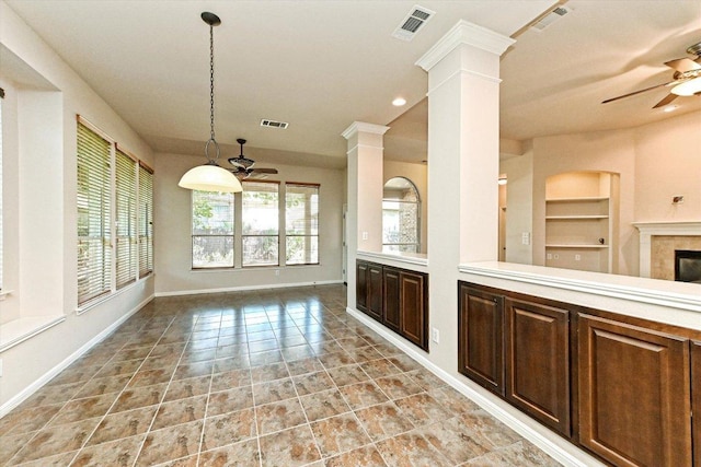 412 Madisons Way, Cedar Park, TX 78613 - kitchen featuring ceiling fan, open floor plan, ornate columns, light countertops, and recessed lighting