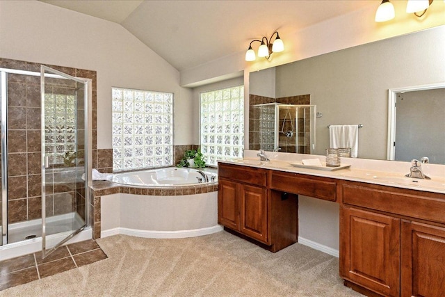 412 Madisons Way, Cedar Park, TX 78613 - bathroom featuring a stall shower, double vanity, a garden tub, and lofted ceiling