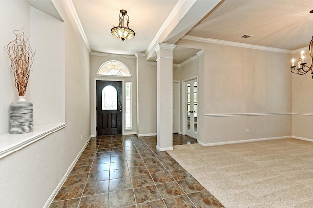 412 Madisons Way, Cedar Park, TX 78613 - tiled foyer entrance with a chandelier, ornamental molding, decorative columns, and baseboards