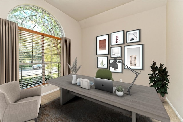 412 Madisons Way, Cedar Park, TX 78613 - carpeted home office with baseboards, plenty of natural light, and vaulted ceiling