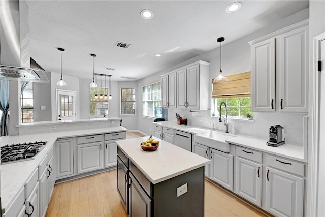 2004 Wood Glen Dr, Round Rock, TX 78681 - kitchen featuring appliances with stainless steel finishes, exhaust hood, light countertops, recessed lighting, and hanging light fixtures