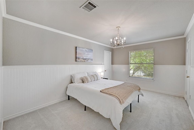 2004 Wood Glen Dr, Round Rock, TX 78681 - bedroom featuring a chandelier, a wainscoted wall, carpet floors, and crown molding