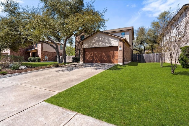 view of property exterior with concrete driveway, fence, brick siding, a garage, and a lawn