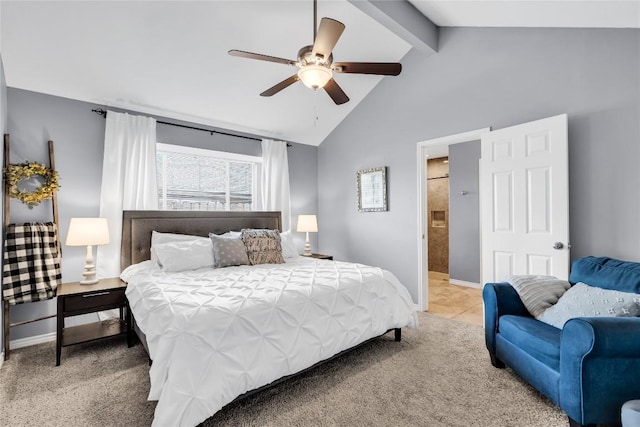 704 Firethorn Ln, Round Rock, TX 78664 - carpeted bedroom with beam ceiling, baseboards, ceiling fan, and high vaulted ceiling