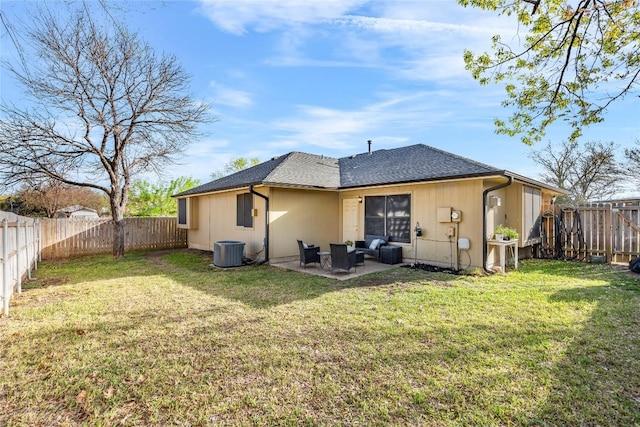 704 Firethorn Ln, Round Rock, TX 78664 - rear view of property with outdoor lounge area, central AC, a shingled roof, and a patio area