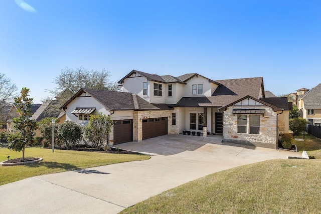 15089 Joseph Dr, Austin, TX 78734 - view of front of property featuring stone siding, a garage, driveway, a shingled roof, and stucco siding