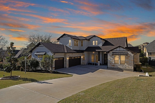 15089 Joseph Dr, Austin, TX 78734 - view of front of property featuring stone siding, a front lawn, concrete driveway, a garage, and a shingled roof