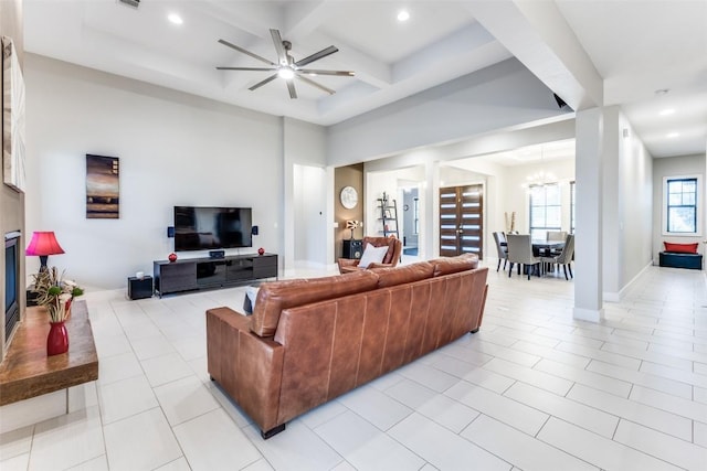 15089 Joseph Dr, Austin, TX 78734 - living area with coffered ceiling, ceiling fan, recessed lighting, beam ceiling, and light tile patterned floors
