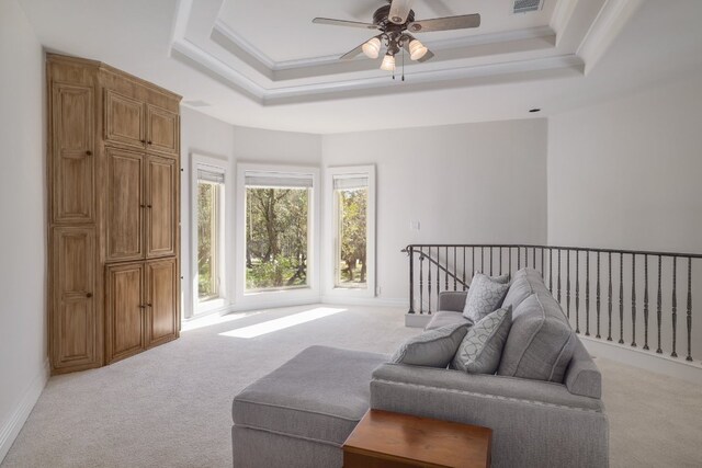 19801 Angel Bay Dr, Spicewood, TX 78669 - sitting room featuring light carpet, a raised ceiling, ceiling fan, and crown molding