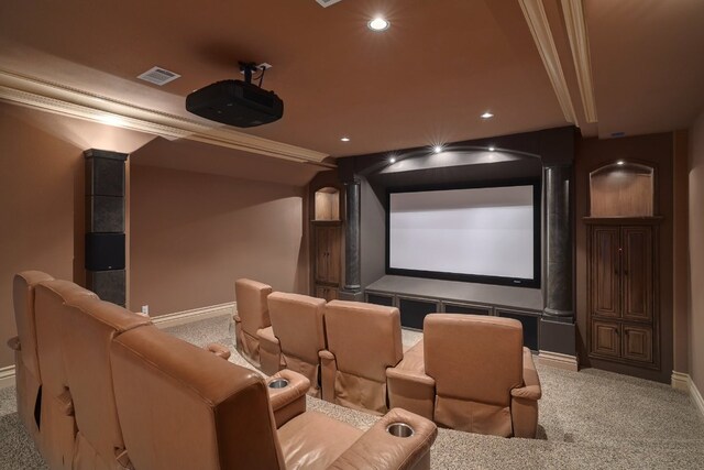 19801 Angel Bay Dr, Spicewood, TX 78669 - cinema room with carpet floors, baseboards, recessed lighting, and ornamental molding
