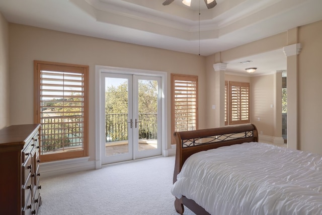 19801 Angel Bay Dr, Spicewood, TX 78669 - carpeted bedroom featuring access to outside, french doors, crown molding, and a raised ceiling