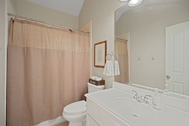 full bath featuring toilet, vanity, and curtained shower