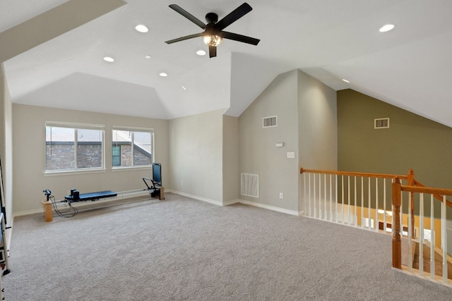 exercise area featuring a ceiling fan, lofted ceiling, carpet flooring, recessed lighting, and baseboards