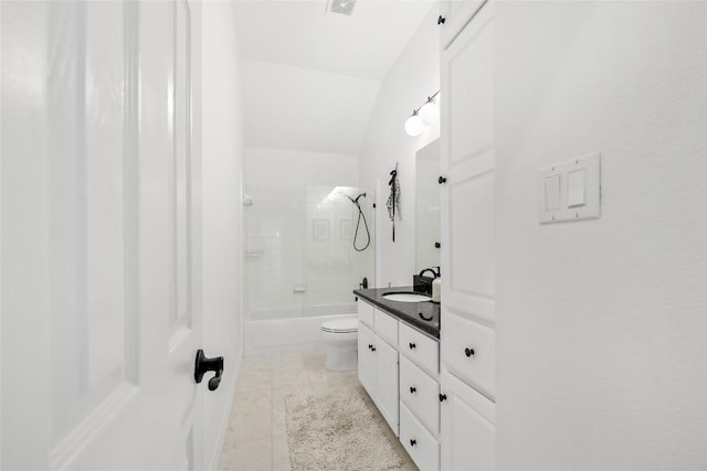 bathroom with vanity, vaulted ceiling, toilet, tub / shower combination, and visible vents