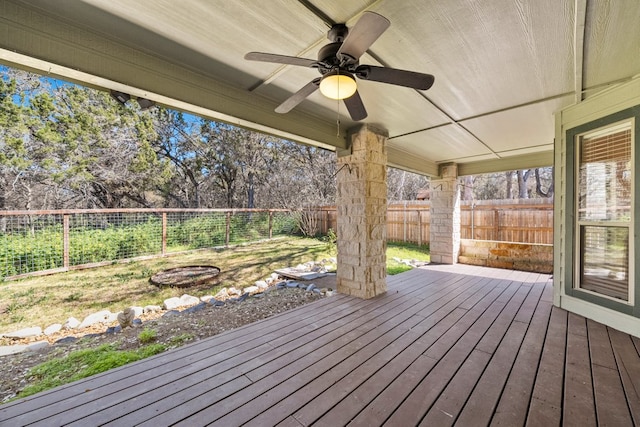 183 Augusta Dr, Wimberley, TX 78676 - deck featuring ceiling fan and a fenced backyard