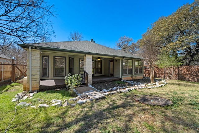 183 Augusta Dr, Wimberley, TX 78676 - rear view of house featuring ceiling fan, covered porch, and a shingled roof
