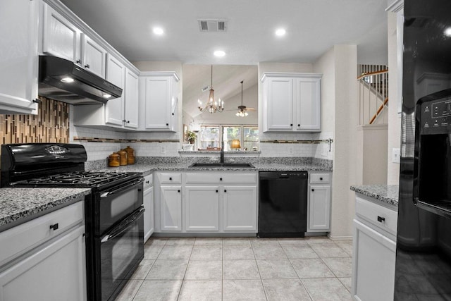 1015 Strickland Dr, Austin, TX 78748 - kitchen featuring black appliances, under cabinet range hood, a sink, tasteful backsplash, and a chandelier